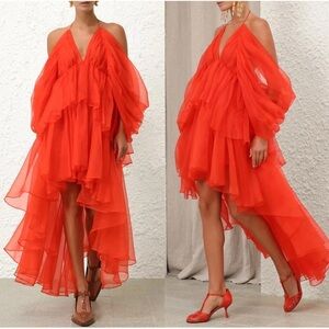 Zimmermann Natura Tranquility Ruffle Halter Hi-Low Dress Tomato Red 0 XS